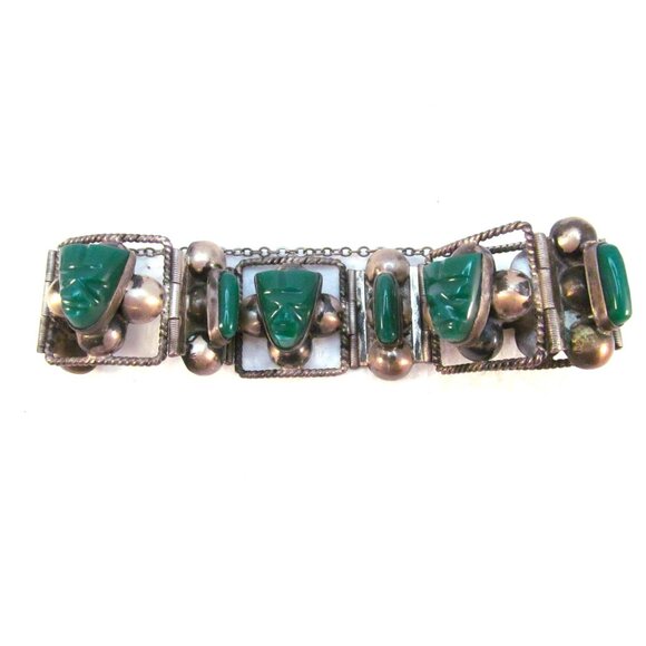 Sterling Silver Carved Green Onyx Tribal Face Mexican Link Bracelet Size 6.75 - Picture 13 of 16